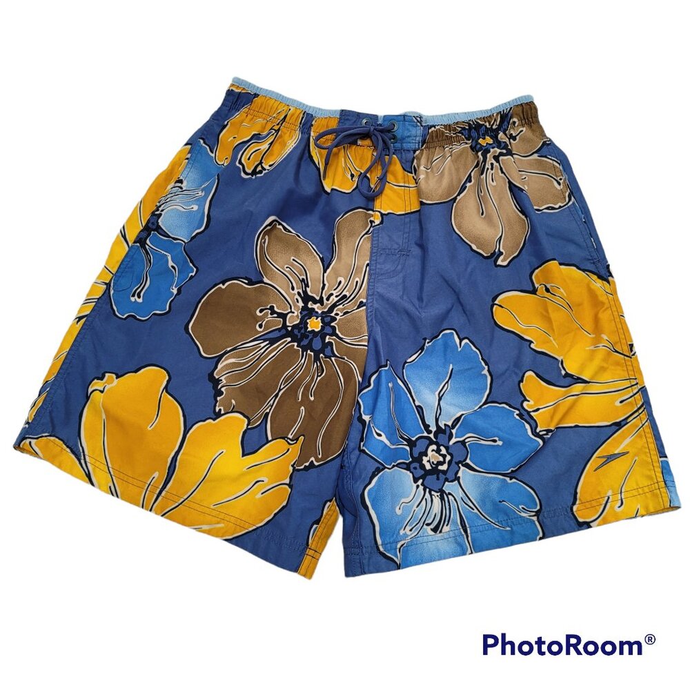 Speedo Men’s Hawaiian Swim Trunks Shorts Aloha Floral Blue Gold Mesh Interior